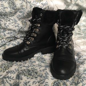 Forever 21 Lace-Up Combat Boots with Fur-Trim